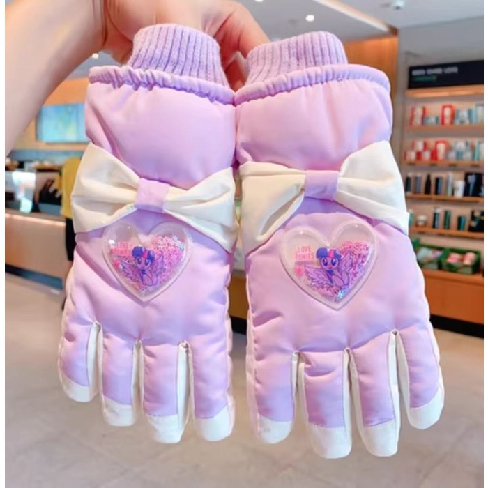 C5788中童小马爱心蝴蝶结滑雪五指IP手套(紫色爱心流沙）