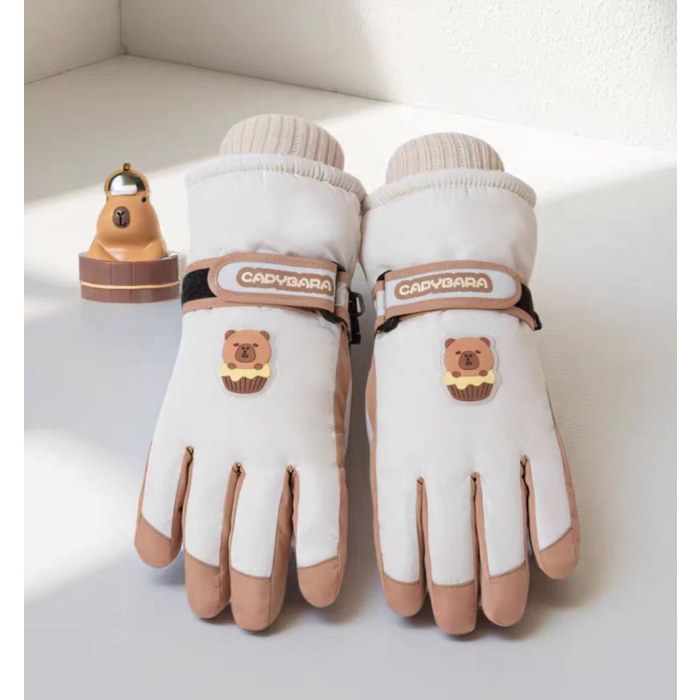 C5859大童蛋糕豚豚滑雪五指手套-奶白色