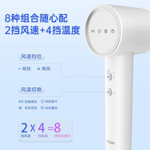 海尔高速吹风机家用负离子护发电吹风筒大风量速干HF61（弦乐白）